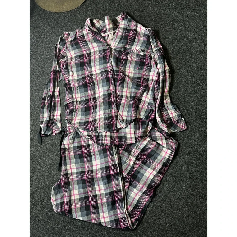 Victorias Secret Plaid Pajama Set Pink Gray White Shimmer Cotton Modal Large